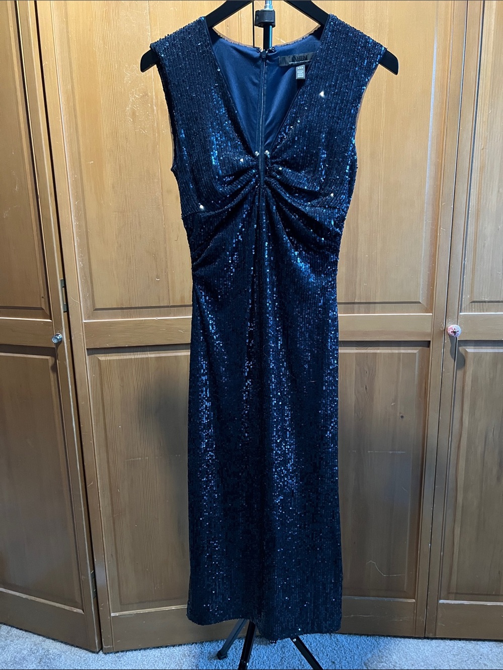 White House Black Market Navy Sequin Maxi Dress with Gathered Front